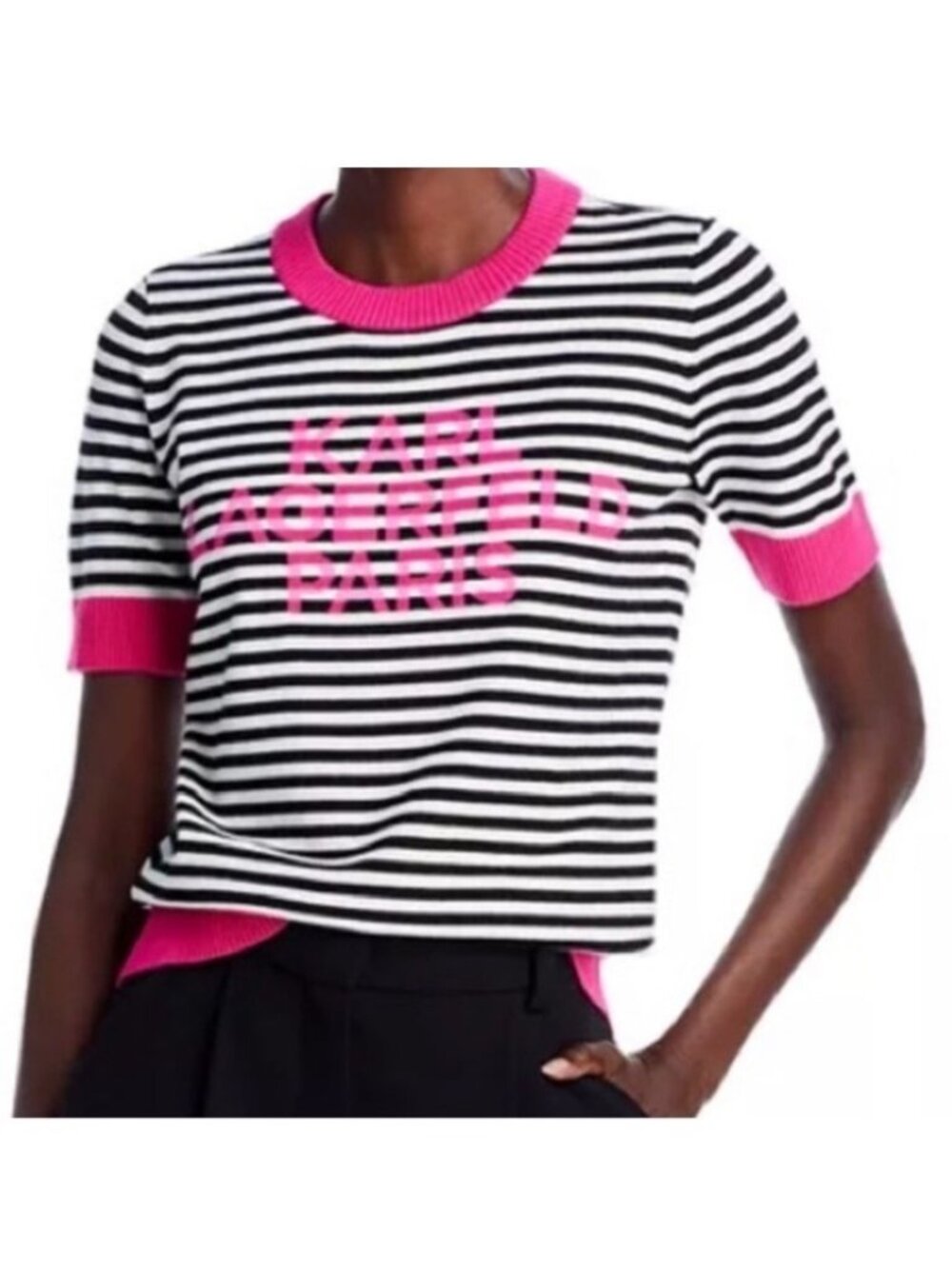 Karl Lagerfeld Paris Striped Short Sleeve Sweater With Pink Accents Womens M